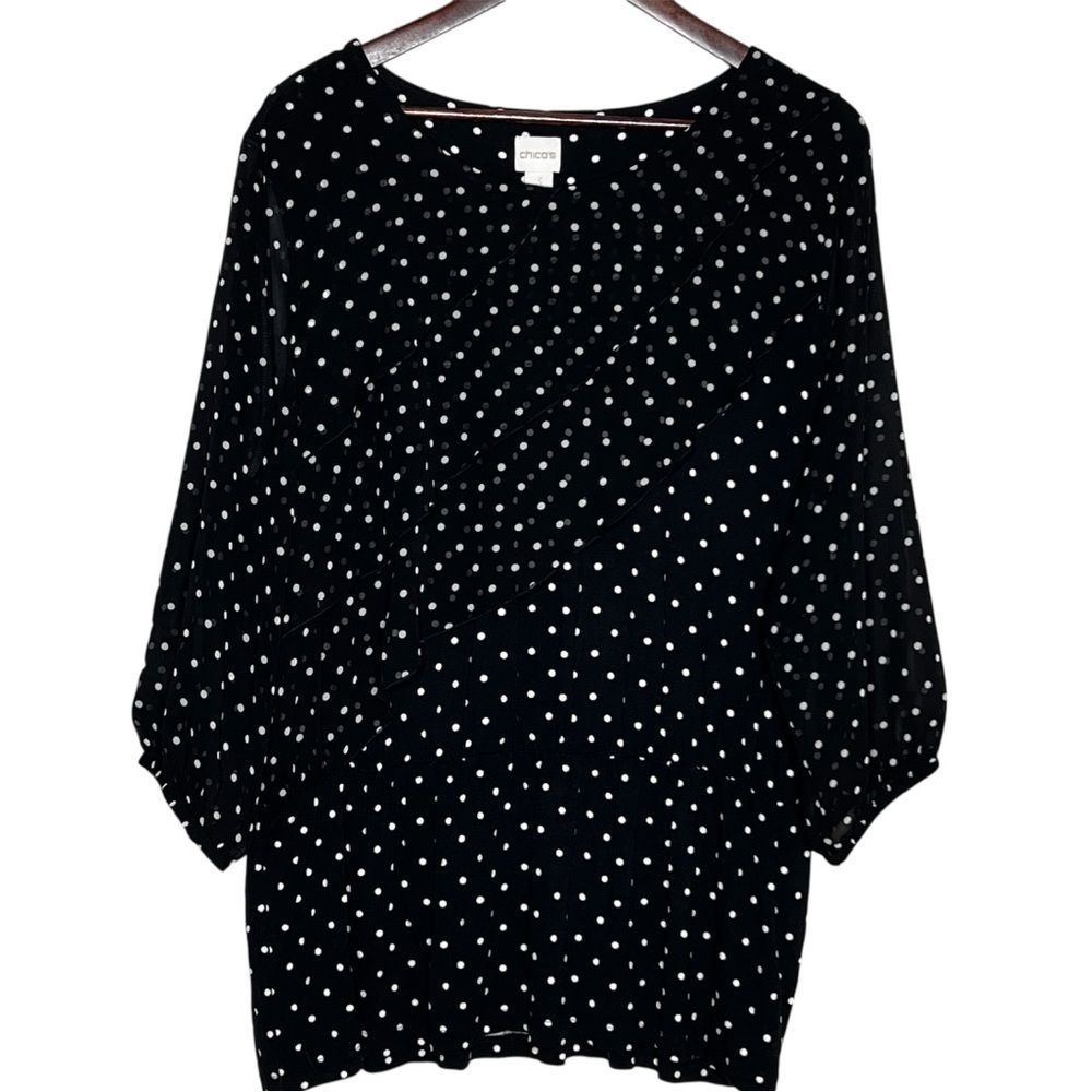 Chico's Black Polka Dot Pullover Top Sheer Drape Detail Long Sleeve Women Size L